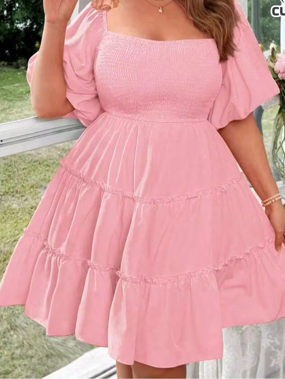 SHEIN Bubblegum Pink Smocked Tiered Puff-Sleeve Mini Dress